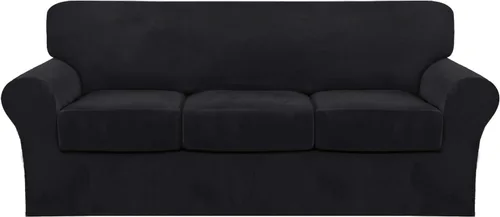 Vista 70 de FantasDecor Fundas de terciopelo para sofá de 2 piezas para sala, con cojín individual, protector elástico de muebles para mascotas, lavable a Negro