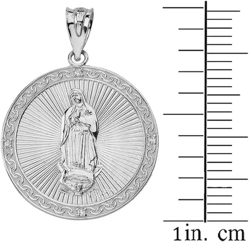 Vista 2 de 925 plata de ley Nuestra Señora de Guadalupe milagrosa medalla redonda CZ colgante (pequeño), Plata esterlina Zirconia cúbica, Circonia cúbica