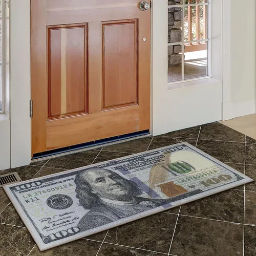 Vista 9 de Tapete largo y moderno con diseño de billetes de $100, tapete con respaldo de caucho antideslizante y lavable a máquina para pasillo, cocina