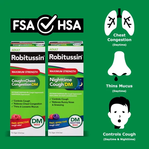 Vista 6 de Robitussin DM de máxima fuerza para la tos + congestión del pecho y máxima fuerza para la tos nocturna DM, medicamento para la tos para adultos