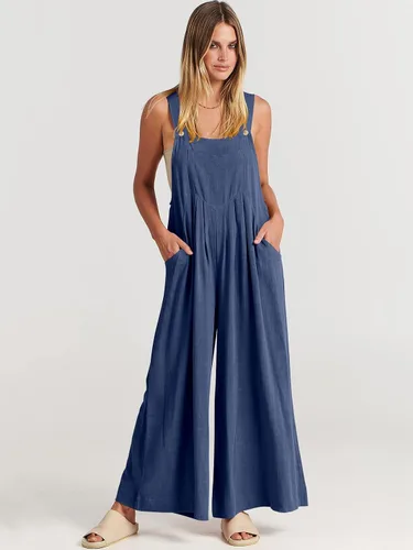 Vista 7 de ANRABESS - Overol de verano para mujer, diseño de lino informal de pierna ancha, sin mangas, con tirantes