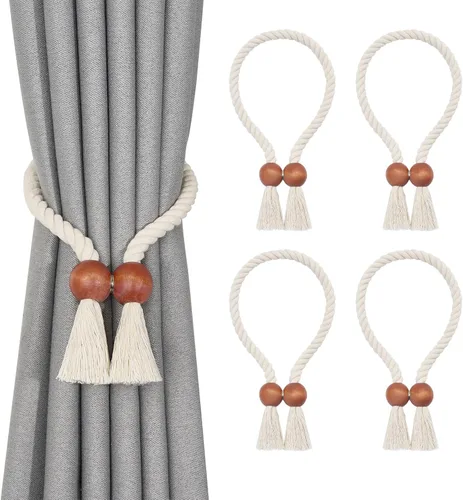 Vista 34 de NICEEC 2 Pack de Alzapaños Magnéticos de Madera en Forma de Cubo Boho para Decoración del Hogar, Alzapaños de Lino Tejidos a Mano para Cortinas Beige