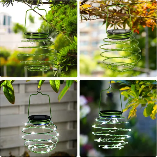 Vista 5 de Faroles LED solares en espiral, luces solares para jardín, luces colgantes decorativas para exteriores, luz colgante impermeable para jardín, patio