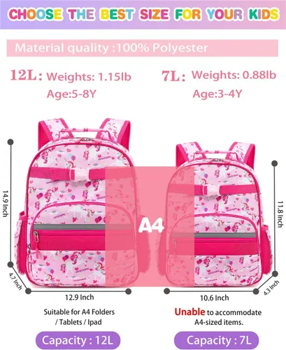 Vista 5 de Mochila para niños y niñas, mochila ligera para niños y niñas, preescolar, primaria, jardín de infantes, Niñas-unicornio rosa, 7L