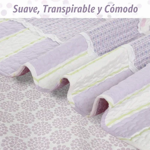 Vista 5 de Cozy Line - Juego de edredón de rayas verdes lavanda y puntos morados, 2 piezas, 100% algodón, reversible, para todas las estaciones, con fundas