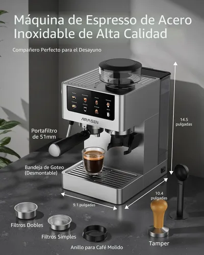 Vista 7 de AIRMSEN Máquina de café expreso con molinillo, 20 bares, varita de vapor