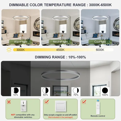 Vista 42 de Benkut Lámpara de Araña de Anillo LED Moderna Negra para Comedor, Lámpara de Araña de Techo Circular Empotrada Regulable con Control Remoto