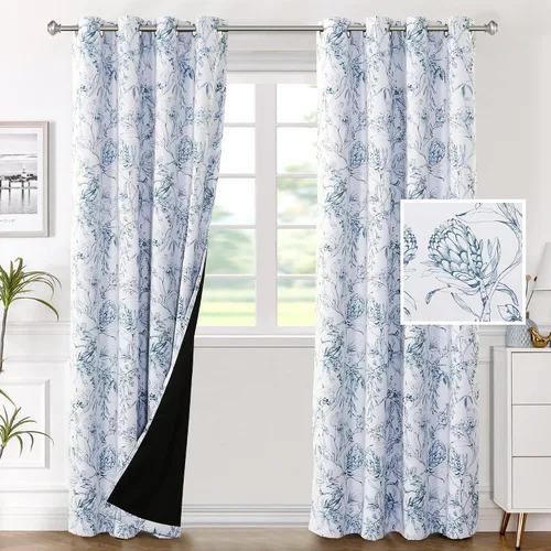 Vista 43 de H.VERSAILTEX - Cortinas 100% blackout con estampado floral de cattleyas, 45 pulgadas de largo, juego de 2 paneles térmicos con forro negro, a prueba