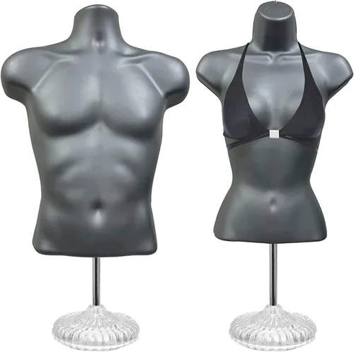 Vista 11 de Maniquí de torso masculino y femenino con soporte de metal, cuerpo con respaldo hueco, apilable, forma de vestido para exhibición de camisetas Negro