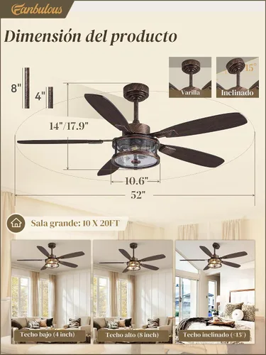 Vista 5 de Fanbulous Ventilador de techo rústico de 52 pulgadas con luz y control remoto, ventiladores de techo rústicos negros de 52 pulgadas para dormitorio