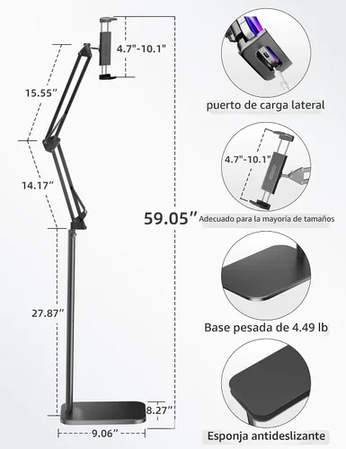 Vista 5 de Soporte de piso para tableta con base de metal pesado de 4.5 libras, soporte de teléfono elevado sobre la cama con ángulo y altura ajustables
