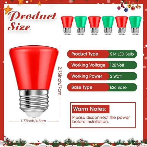 Vista 2 de 25 bombillas LED de Navidad de 2 W de repuesto para tira de luces al aire libre, base E26, plástico impermeable, S14, bombilla LED S14 para boda