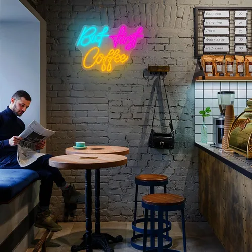 Vista 5 de Letrero de neón con texto en inglés «But First CoffeeNeon», «CoffeeLight» alimentado por USB, para cafetería, cafetería, cocina, hogar, bar