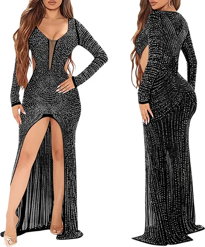 Vista 3 de PORRCEY - Vestido de noche sexy con manga larga y diamantes de imitación para mujer, fiestas y discotecas