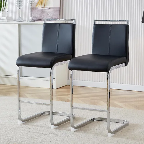 Vista 13 de gopop Juego de 2 taburetes de bar de altura de mostrador con respaldo, taburetes de cocina de cuero sintético negro con patas de metal recubierto