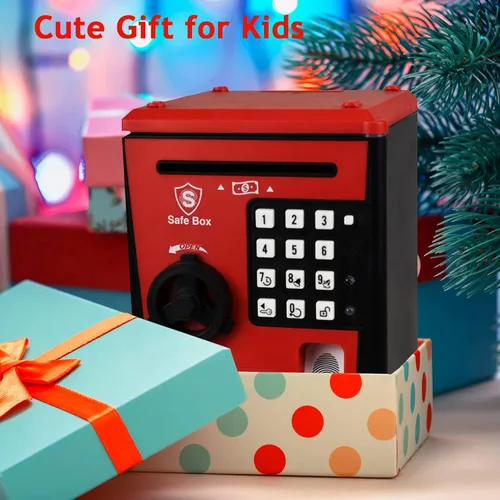 Vista 6 de Caja de ahorro segura para niños con contraseña por huella dactilar, alcancía parlante con diseño de cajero automático para dinero real, juguete