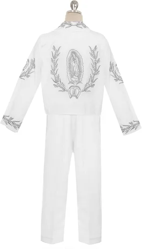 Vista 5 de Conjunto de traje de bautismo para niños de plata blanca Nuestra Señora de Guadalupe Virgen María Charro Mariachi traje de sombrero de boda niños