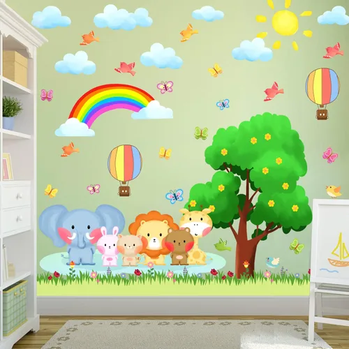 Vista 5 de KOKOLAP Calcomanías de pared de animales de árbol, calcomanías de pared de animales del bosque, decoración de habitación de bebé, decoración