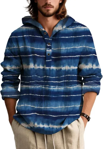 Vista 14 de Camisas de manga larga con estampado de teñido anudado para hombre, sudadera con capucha de 3 botones, sudadera retro cómoda con capucha