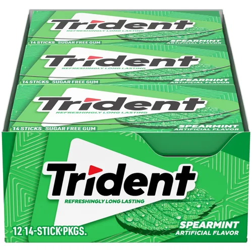 Vista 30 de 12 paquetes de 14 unidades cada uno; es decir, en total son 168 unidades de goma de mascar Trident Bubblegum sin azúcar sabor chicle. Accesorios
