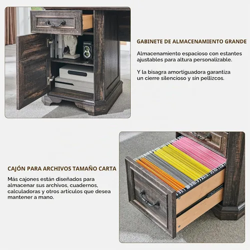 Vista 5 de T4TREAM - Escritorio ejecutivo en forma de L de 59 pulgadas con cajones, escritorio de computadora de madera estilo granja, con estación de carga