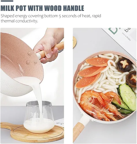 Vista 4 de Hemoton Sartén antiadherente para leche de 1.5 L, práctica olla con mango de madera, versátil olla pequeña para sopas, salsas y leche caliente, olla