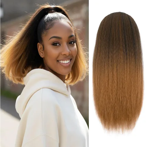 Vista 12 de Cola de caballo recta Yaki de 12 pulgadas con cordón para mujeres negras, sintética, gruesa, recta, longitud del hombro, extensión de cola