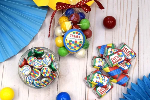 Vista 6 de Kit de calcomanías para fiesta de cumpleaños de bloques de construcción y ladrillos, 429 piezas, incluye 60 calcomanías circulares de 2 pulgadas