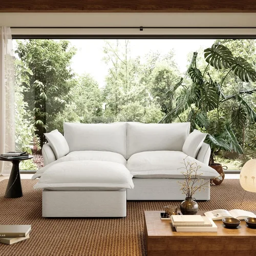 Vista 27 de Sofá modular de mezcla de lino para sala de estar, cómodo sofá modular con relleno de plumón, moderno sofá cama convertible con asiento profundo