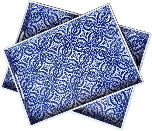 Vista 22 de Bandeja de servir azul con 4 asas, bandeja decorativa de plástico para mesa de café, otomana - Ideal para sala de estar y baño. 15 x 11 x 1.9
