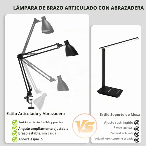 Vista 7 de Lámpara de escritorio con brazo oscilante con abrazadera, brazo ajustable con abrazadera LED en lámparas de escritorio con 5 modos de color y 10