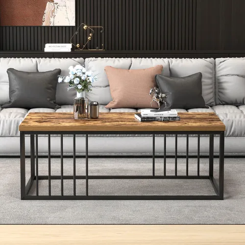 Vista 7 de FOLUBAN Mesa de café, moderna mesa de sala de estar de madera y metal, mesa de té rectangular industrial, marrón rústico, 43.3 pulgadas