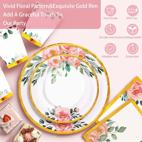 Vista 3 de Juego de 350 platos de papel floral, platos desechables con borde dorado para 50 invitados, suministros de fiesta para adultos, jardín, fiesta