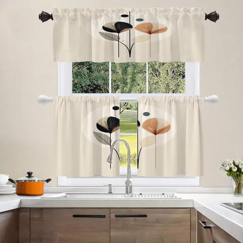 Vista 2 de Shrahala Floral Abstract Design Blackout Curtain Tiers, Minimalist Flower Illustration Kitchen Valance Light Blocking Tier Drapes with Rod Pocket, 2