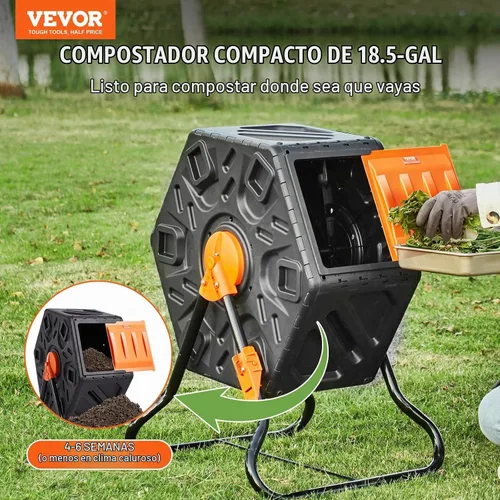 Vista 2 de VEVOR Cubo de compostaje, compostador giratorio pequeño de 18.5 galones, cámara única compacta giratoria con puerta corrediza y marco de acero