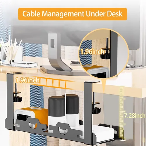 Vista 2 de BYMECOST Bandeja de gestión de cables doble sin taladrar debajo del escritorio, extensible de acero resistente para debajo del escritorio, bandeja