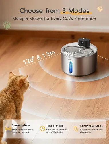 Vista 3 de Fuente de agua inalámbrica para gatos WILKIEE, 135 fl.oz/4L, fuente de agua de acero inoxidable para gatos, dispensador de agua para mascotas