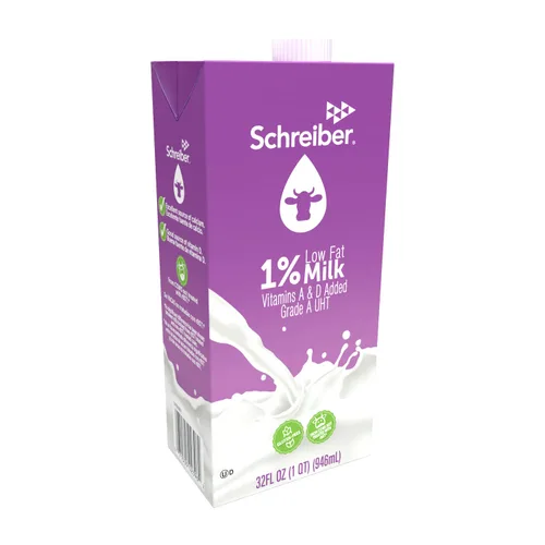 Vista 3 de Leche Schreiber 1%, Leche estable para estante, baja en grasa con vitamina A y D, 32 oz (paquete de 6)