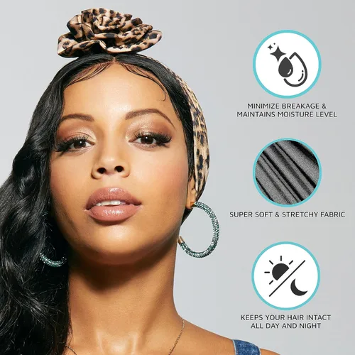 Vista 3 de KISS COLORS & CARE Turbante preatado con nudo superior, negro, elegante, elástico y suave para dormir, máxima protección del cabello, minimiza