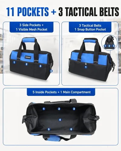 Vista 3 de COMOWARE 13-Inch Tool Bag, Zip-top Wide Mouth Open top Tool Bag, Large Capacity Tool Organizer with Inside Pockets, Blue Tool Tote Bag for