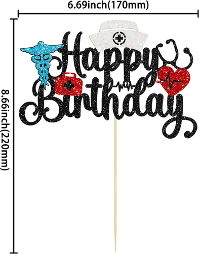 Vista 2 de Gyufise Decoración para tartas de cumpleaños con purpurina para enfermera, decoración para tartas médicas, temática de enfermería, fiesta