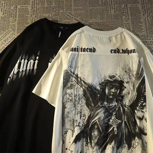 Vista 5 de Camiseta informal gótica holgada de gran tamaño Harajuku Street Trend Hombres y mujeres Impresión personalizada Rock Animation Punk
