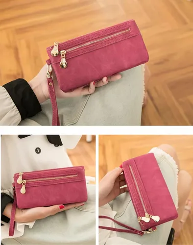 Vista 8 de Aslana Cartera larga de cuero suave con correa de mano para mujer, tarjetero y bolsa de teléfono (fucsia profundo)