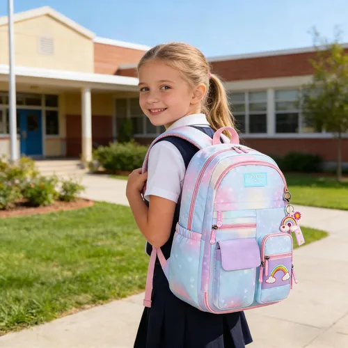 Vista 8 de Mochila para niñas con diseño de arco iris estrellado, mochila de gran capacidad, multifunción, a la moda, casual, bolsa de viaje para computadora