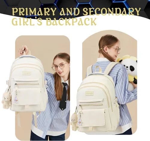 Vista 2 de Mochila PRLINJSK para niñas, mochila para estudiantes de universidad, secundaria y primaria, linda mochila estética para adolescentes y mujeres
