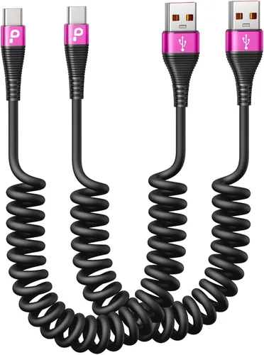 Vista 18 de Cable USB C de carga rápida, paquete de 2 cables de carga USB A a USB C en espiral de 3 pies para automóvil, cable de carga USB-C compatible