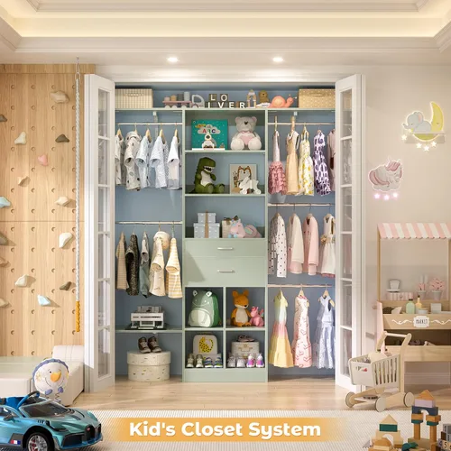 Vista 7 de Sistema de armario pequeño de 5 pies, sistema organizador de armario para bebés con cajones de madera, sistema de vestidor de 60 pulgadas con 5