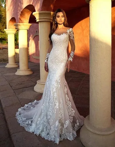 Vista 5 de Vestidos de novia de manga larga de encaje vestidos de novia de tul vestidos de novia de playa vestido de novia sirena