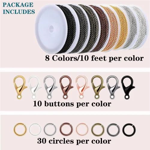 Vista 6 de Kit de fabricación de joyas de 80 pies – Cadena de acero inoxidable de 8 colores, 240 anillos de salto y 80 cierres de langosta para manualidades