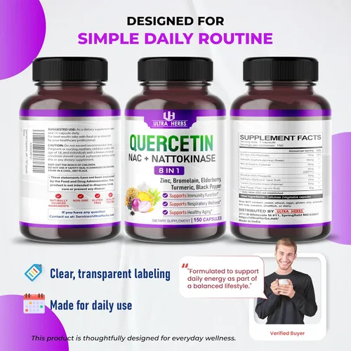 Vista 9 de Suplemento de quercetina con bromelina, vitamina C y zinc, nattoquinasa, NAC, saúco, saúco Complejo ultra antioxidante 8 en 1 para la salud inmune